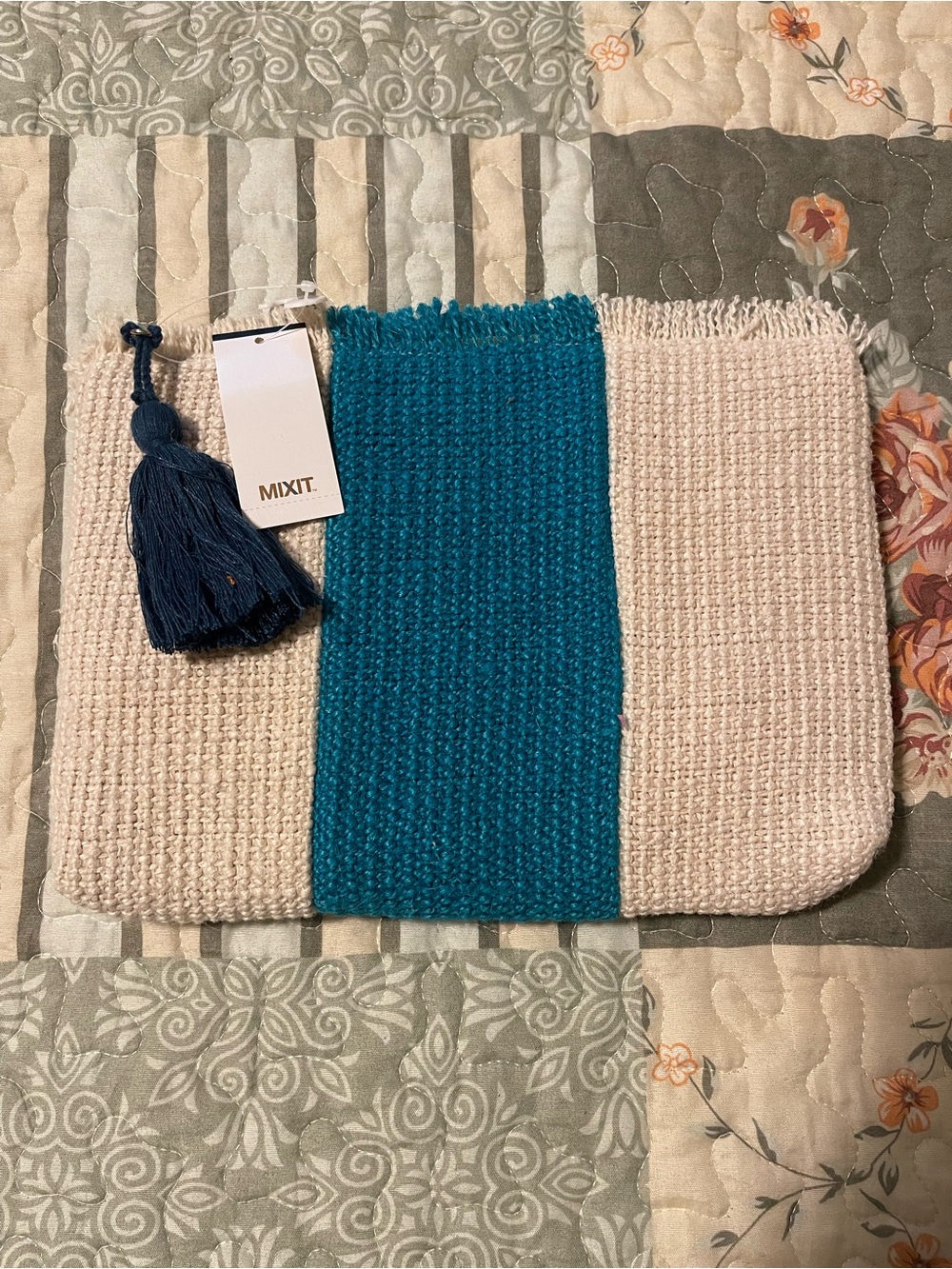 Mixit Teal and Cream Woven Tassel Pouch with Navy Accent